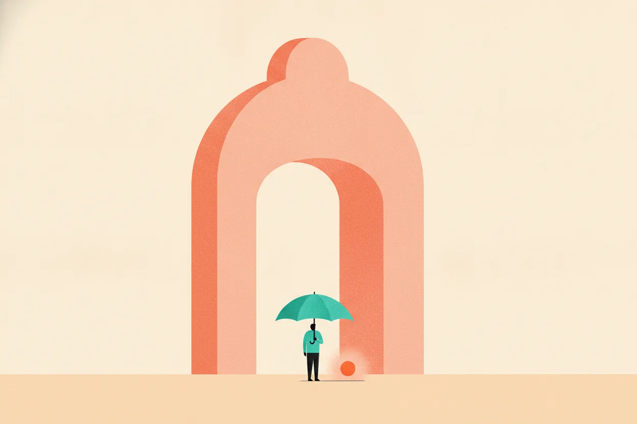 Flat illustration of a tiny figure with an umbrella standing before a giant peach arch, guarding a small orange sun from nothing visible