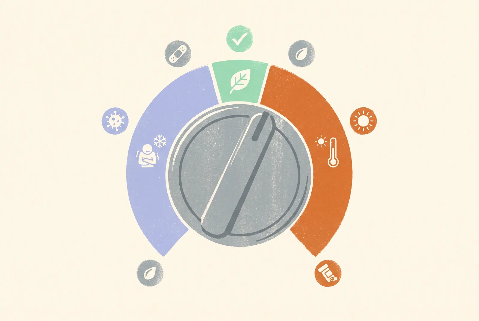 Illustrated vintage thermostat dial with its pointer in a green middle zone between blue and orange, ringed by small health icons
