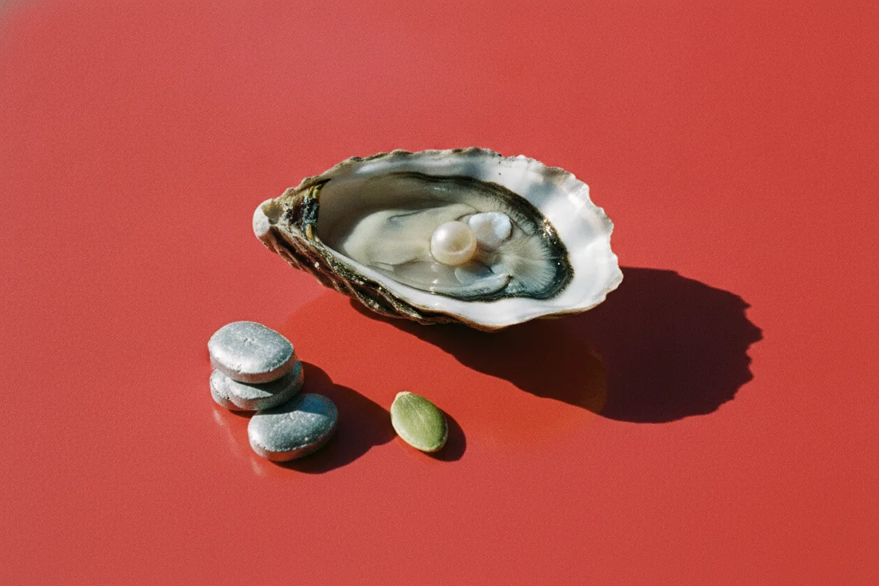 Open oyster shell with pearly interior beside three silver zinc lozenges and a green pumpkin seed on a bright red background
