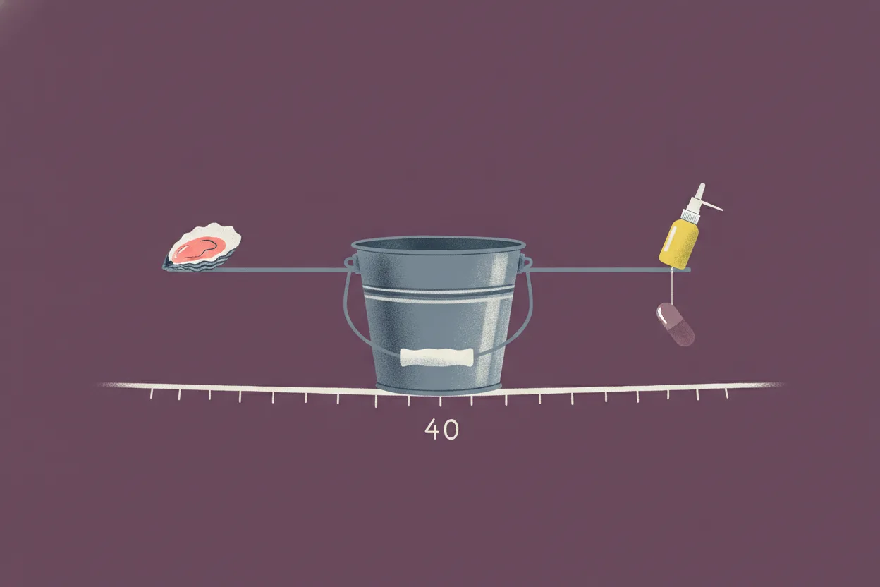 Illustration of a zinc bucket as a balancing pole, with an oyster on one end and a nasal spray and capsule on the other