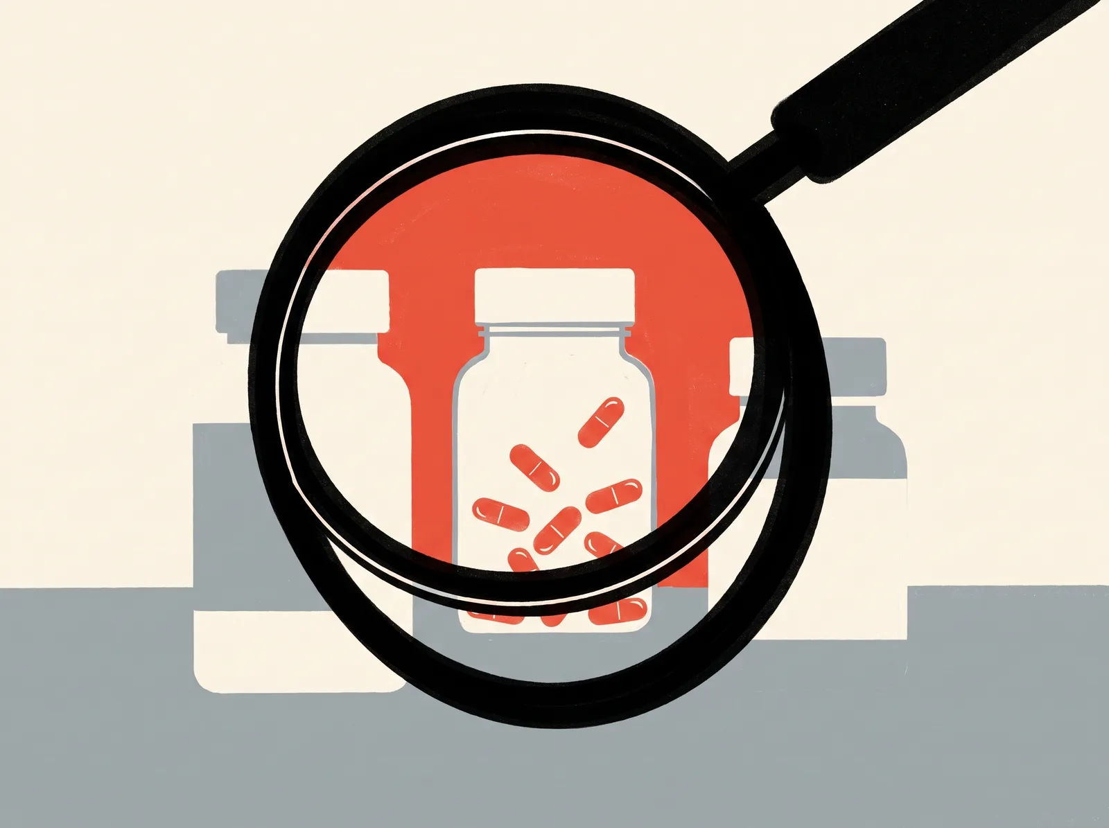 Illustration of a magnifying glass revealing the capsules inside a blank supplement bottle
